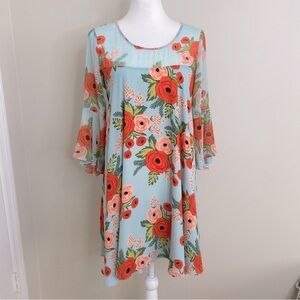 Rifle Paper Paper Crown Anthropologie Floral Blue MIDI Bell sleeve Dress SP